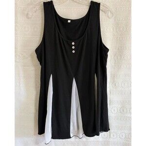 Black White Tunic Tank Top Size L Sleeveless Flowy Panel Henley Button Swing Top